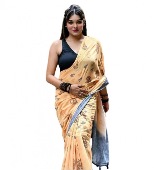 Women's Linen Printed Saree With Unstitched Blouse 5.5Mtr (Peach)