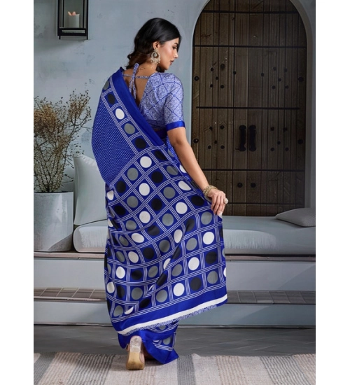 Women's Satin Crepe Printed Saree With Unstitched Blouse 5.5Mtr (Blue)