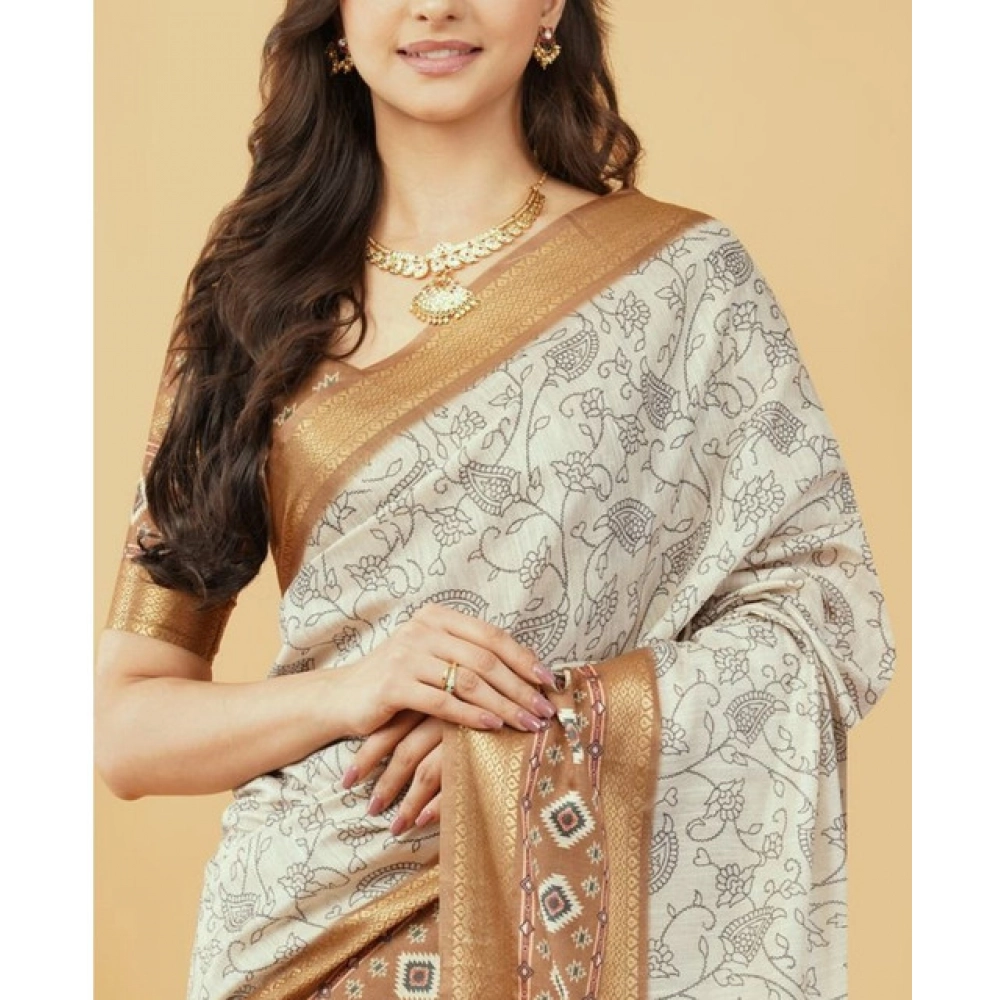 Women's Polyester Printed Saree With Unstitched Blouse 5.5 Mtr (Off-White)