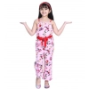 Girl's Polyester Crepe Floral Shoulder Straps Jumpsuit (Pink-Red)