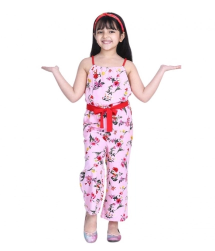 Girl's Polyester Crepe Floral Shoulder Straps Jumpsuit (Pink-Red)