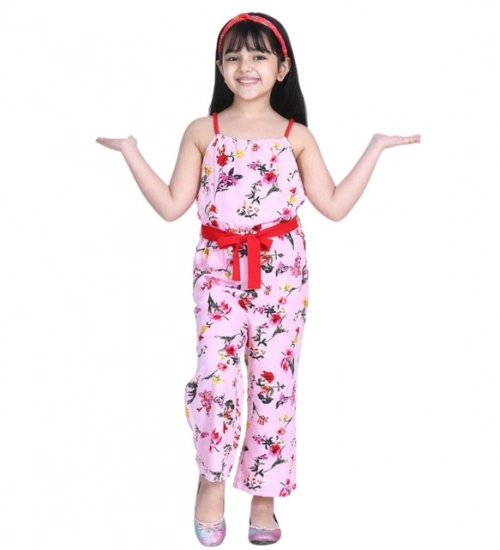 Girl's Polyester Crepe Floral Shoulder Straps Jumpsuit (Pink-Red) Girl's Polyester Crepe Floral Shoulder Straps Jumpsuit (Pink-Red)