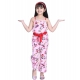 Girl's Polyester Crepe Floral Shoulder Straps Jumpsuit (Pink-Red)