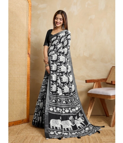 Women's Silk Blend Printed Saree With Unstitched Blouse 5.5Mtr (Black) Women's Silk Blend Printed Saree With Unstitched Blouse 5.5Mtr (Black)