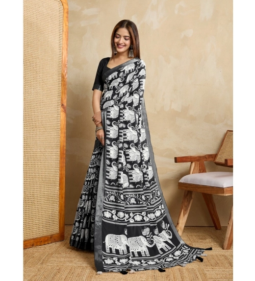Women's Silk Blend Printed Saree With Unstitched Blouse 5.5Mtr (Black)