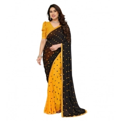 Women's Georgette Printed Saree With Unstitched Blouse 5.5Mtr (Black-Yellow)