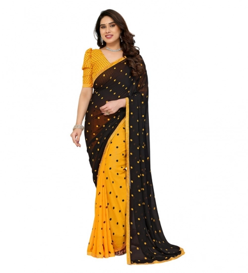 Women's Georgette Printed Saree With Unstitched Blouse 5.5Mtr (Black-Yellow)