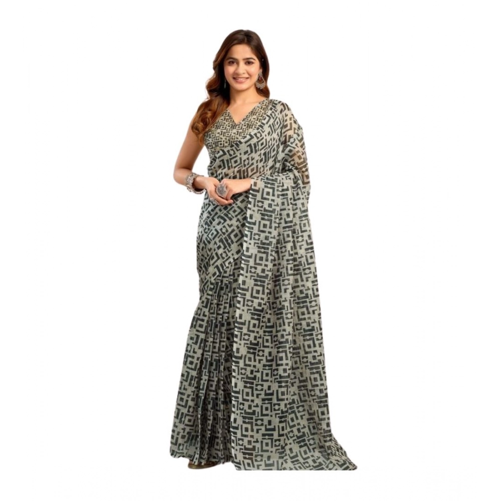Women's Linen Cotton Printed Ready To Wear With Pocket Saree With Unstitched Blouse 5.5 Mtr (Grey)