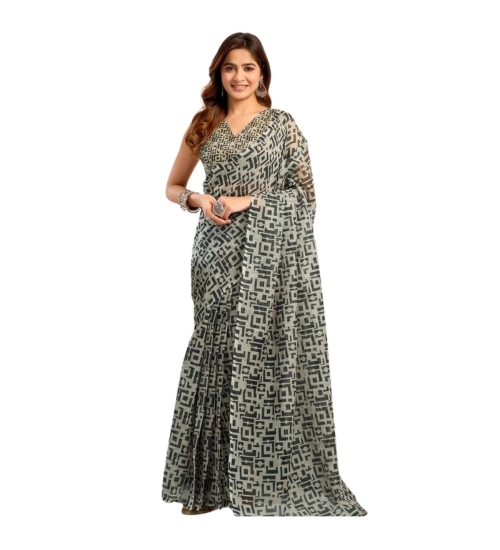 Women's Linen Cotton Printed Ready To Wear With Pocket Saree With Unstitched Blouse 5.5 Mtr (Grey)