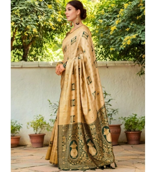 Women's Silk Blend Woven Zari Work Saree With Unstitched Blouse 5.5Mtr (Cream)