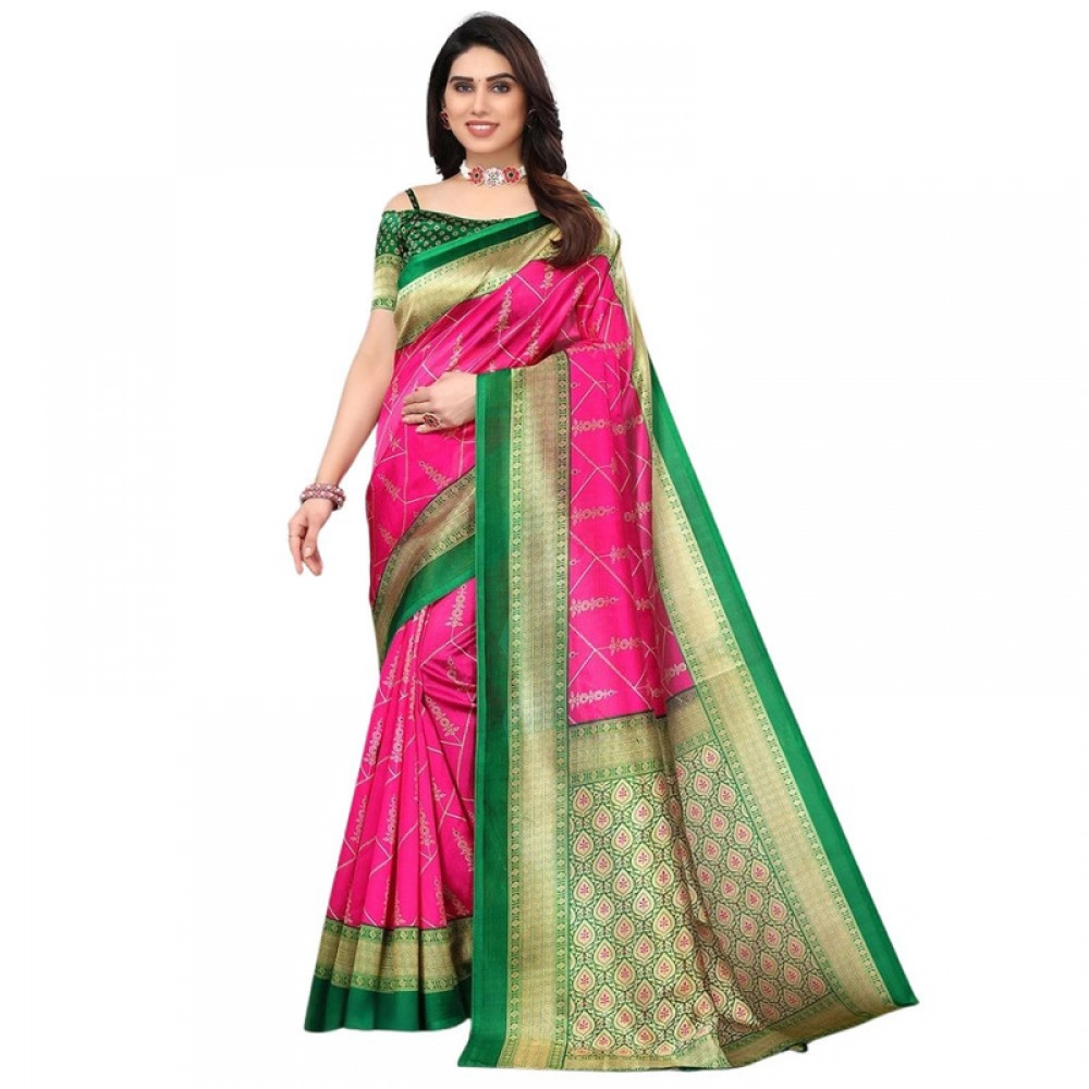 Women's Litchi silk Printed Saree With Unstitched Blouse 5-6 Mtrs (Pink) Women's Litchi silk Printed Saree With Unstitched Blouse 5-6 Mtrs (Pink)
