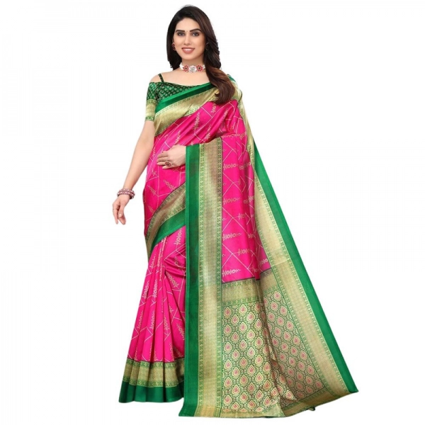 Dropship Women's Litchi silk Printed Saree With Unstitched Blouse  5-6 Mtrs (Pink)