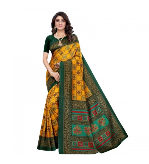 Women's Litchi silk Printed Saree With Unstitched Blouse  5-6 Mtrs (Mustard Yellow)