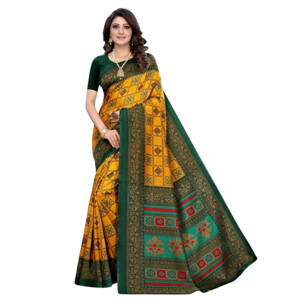 Dropship Women's Litchi silk Printed Saree With Unstitched Blouse  5-6 Mtrs (Mustard Yellow)