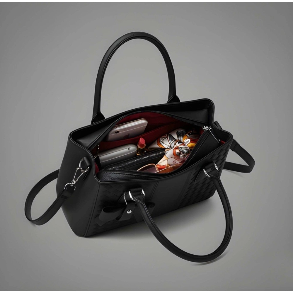 Women's PU Leather Solid Shoulder Zipper Handbag (Black)