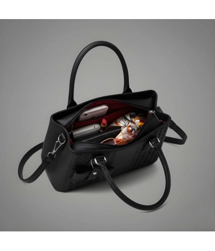 Women's PU Leather Solid Shoulder Zipper Handbag (Black)