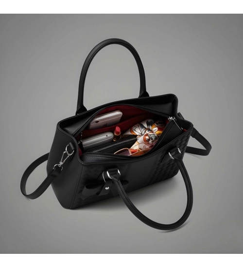 Women's PU Leather Solid Shoulder Zipper Handbag (Black)