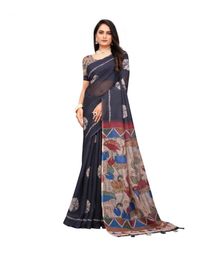 Women's Linen Printed Saree With Unstitched Blouse 5.5Mtr (Black)