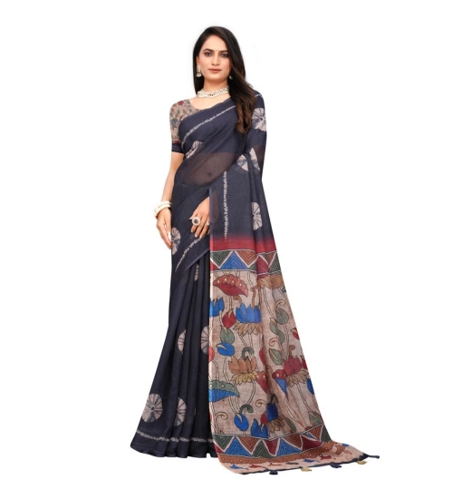 Women's Linen Printed Saree With Unstitched Blouse 5.5Mtr (Black)