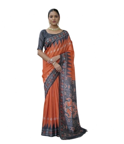 Women's Faux_Tussar Ikat Saree With Unstitched Blouse 5.5Mtr (Orange) Women's Faux_Tussar Ikat Saree With Unstitched Blouse 5.5Mtr (Orange)