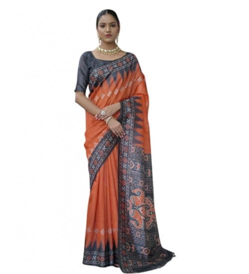 Women's Faux_Tussar Ikat Saree With Unstitched Blouse 5.5Mtr (Orange)