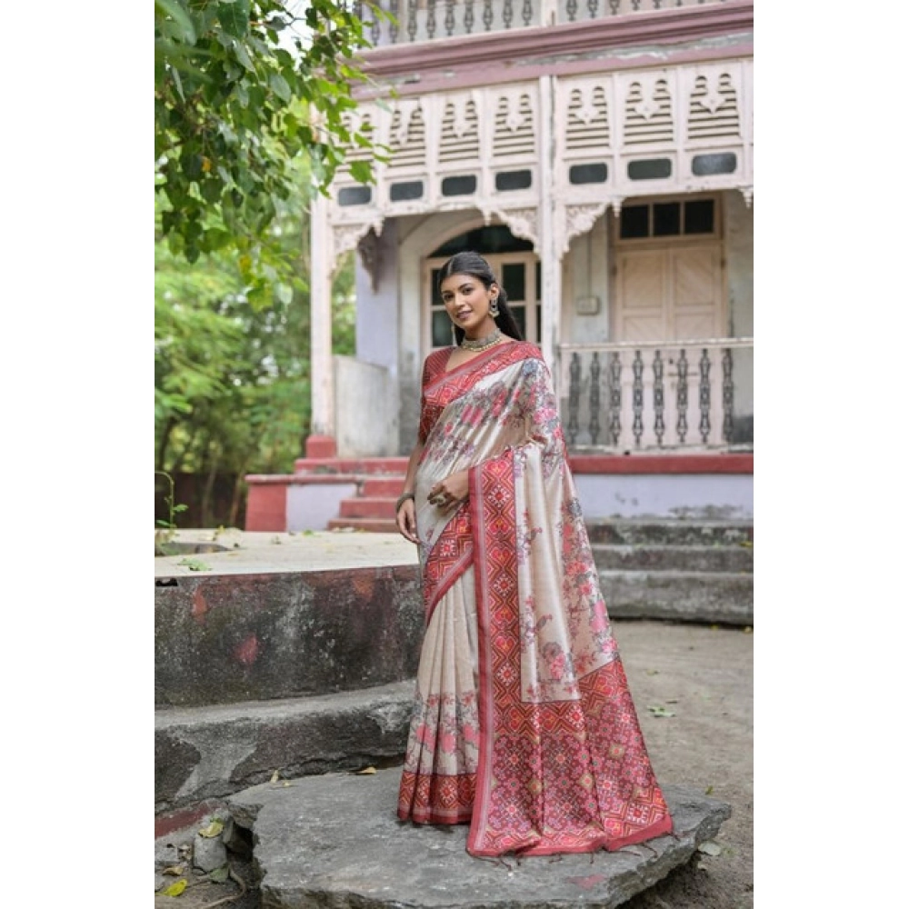 Women's Faux_Tussar Floral Jal With Patola Print Saree With Unstitched Blouse 5.5Mtr (Maroon) Women's Faux_Tussar Floral Jal With Patola Print Saree With Unstitched Blouse 5.5Mtr (Maroon)