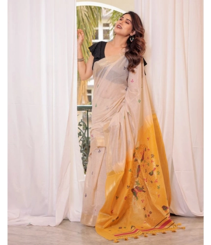Women's Blended_Cotton Woven_Motifs Saree With Unstitched Blouse 5.5Mtr (Yellow)