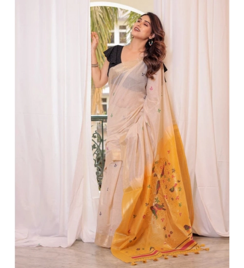 Women's Blended_Cotton Woven_Motifs Saree With Unstitched Blouse 5.5Mtr (Yellow) Women's Blended_Cotton Woven_Motifs Saree With Unstitched Blouse 5.5Mtr (Yellow)