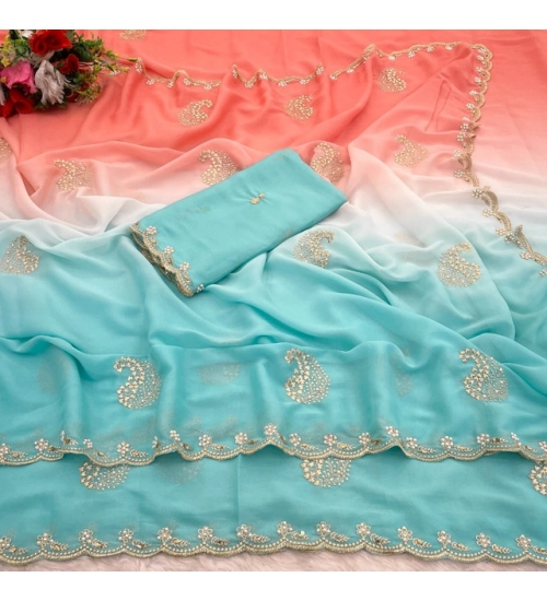 Women's Digital Printed  Geogette Saree With Unstitched Blouse (Blue, 5-6 Mtrs)