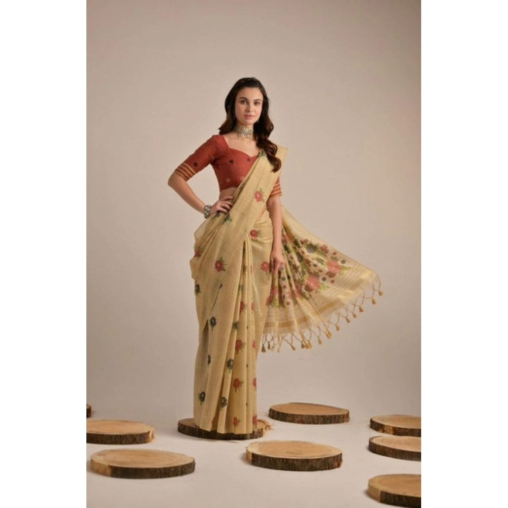 Women's Blended_Cotton Floral Motifs And Woven Buttas Saree With Unstitched Blouse 5.5Mtr (Light_Beige) Women's Blended_Cotton Floral Motifs And Woven Buttas Saree With Unstitched Blouse 5.5Mtr (Light_Beige)