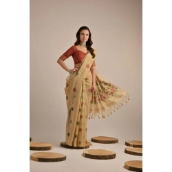 Women's Blended_Cotton Floral Motifs And Woven Buttas Saree With Unstitched Blouse 5.5Mtr (Light_Beige)