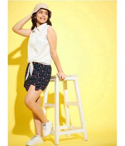 Girl's Polyester Lurex Printed Sleeveless Top Set (White-Navy)