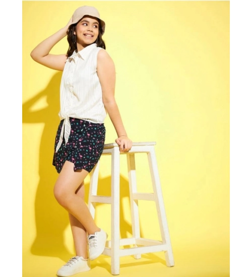 Girl's Polyester Lurex Printed Sleeveless Top Set (White-Navy)