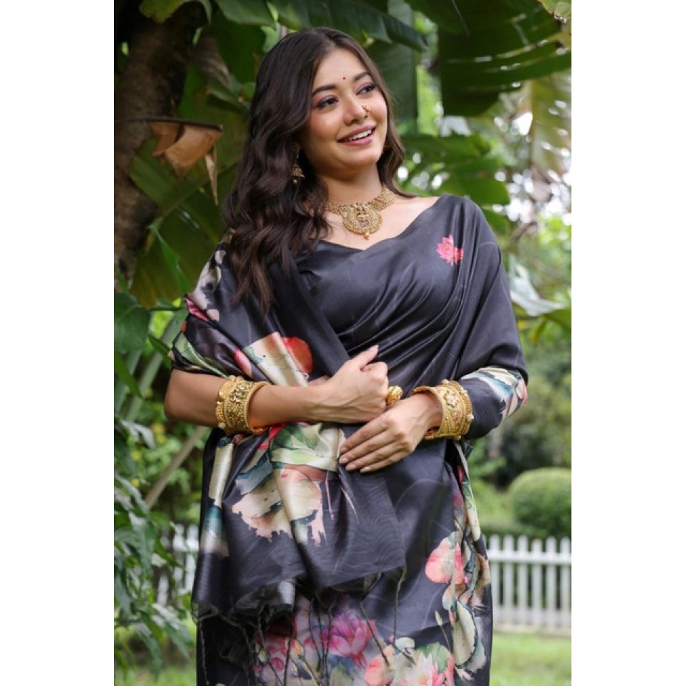 Women's Faux_Tussar Floral Saree With Unstitched Blouse 5.5Mtr (Black) Women's Faux_Tussar Floral Saree With Unstitched Blouse 5.5Mtr (Black)