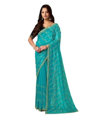 Women's Net Sequence Saree With Unstitched Blouse 5.5Mtr (Turquoise)