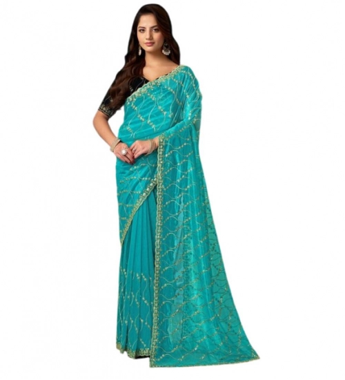 Women's Net Sequence Saree With Unstitched Blouse 5.5Mtr (Turquoise) Women's Net Sequence Saree With Unstitched Blouse 5.5Mtr (Turquoise)
