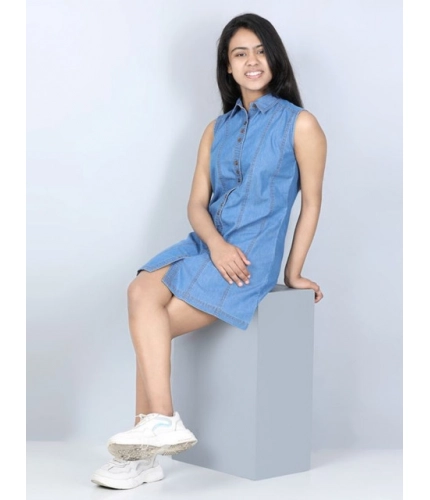 Girl's Denim Solid Cold Shoulder Dress (Blue)