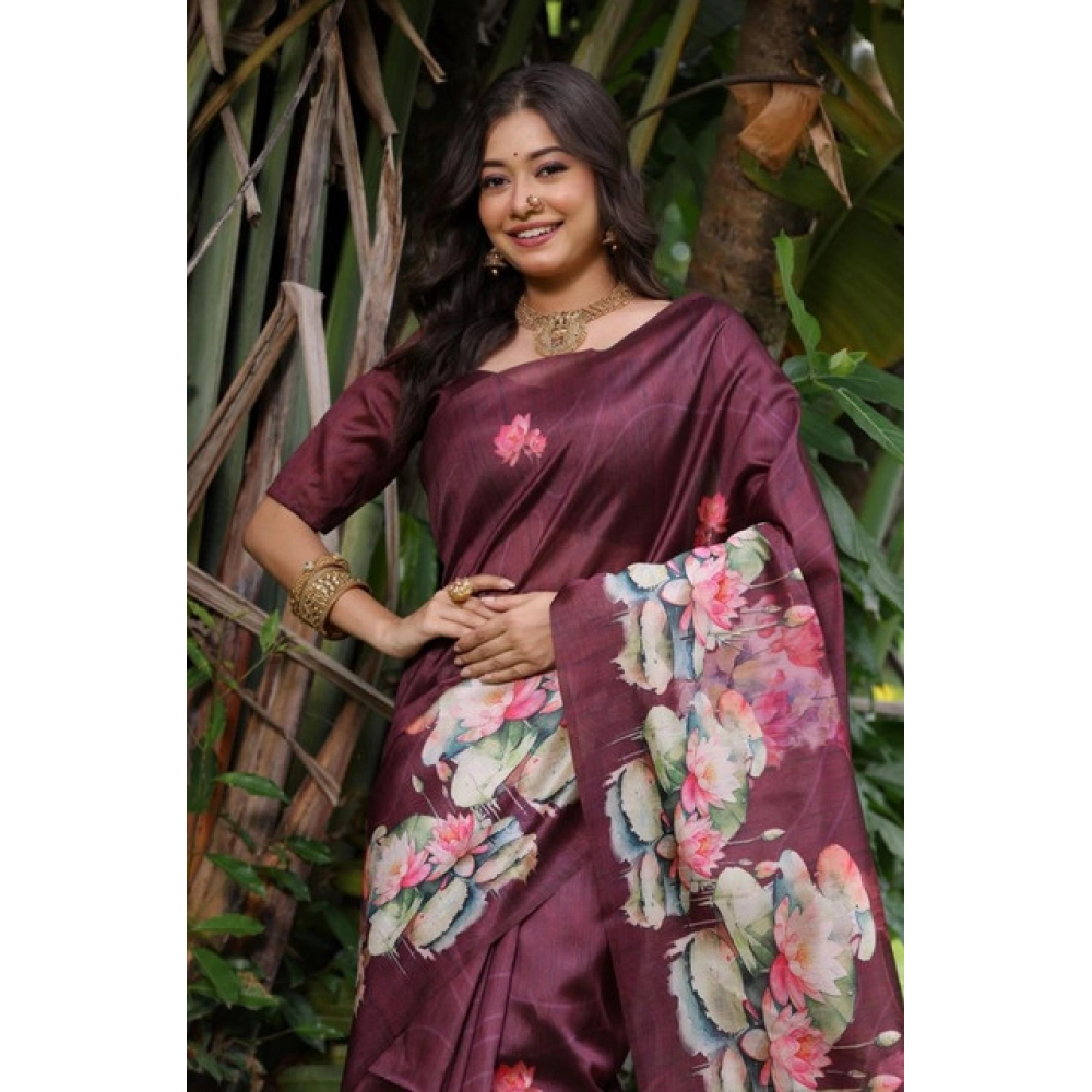 Women's Faux_Tussar Floral Saree With Unstitched Blouse 5.5Mtr (Purple) Women's Faux_Tussar Floral Saree With Unstitched Blouse 5.5Mtr (Purple)