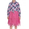 Girl's Polyster Crepe Lace Inserts Long Sleeves Dress (Pink-Blue) Girl's Polyster Crepe Lace Inserts Long Sleeves Dress (Pink-Blue)