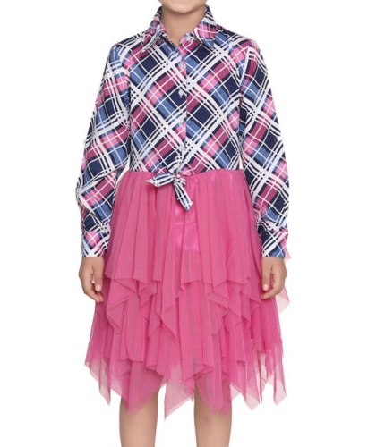 Girl's Polyster Crepe Lace Inserts Long Sleeves Dress (Pink-Blue)