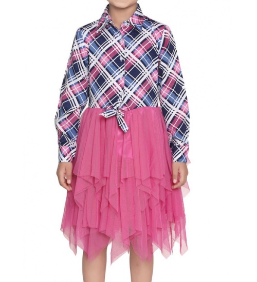 Girl's Polyster Crepe Lace Inserts Long Sleeves Dress (Pink-Blue)