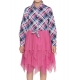 Girl's Polyster Crepe Lace Inserts Long Sleeves Dress (Pink-Blue)