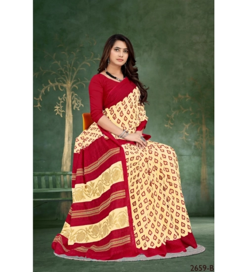 Women's Soft Pure Cotton Printed Saree With Unstitched Blouse 5.5Mtr (Beige)