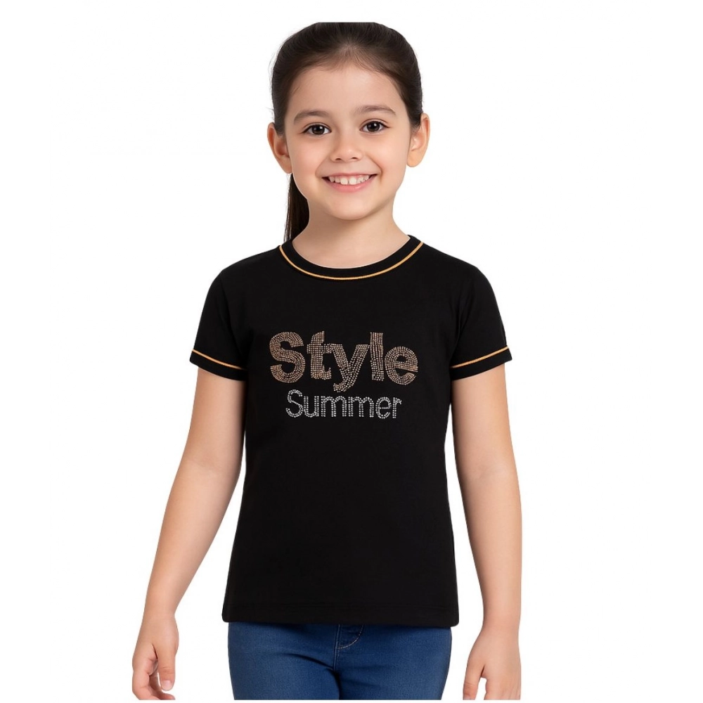 Girl's Cotton Printeded Round Neck T-Shirt (Black)