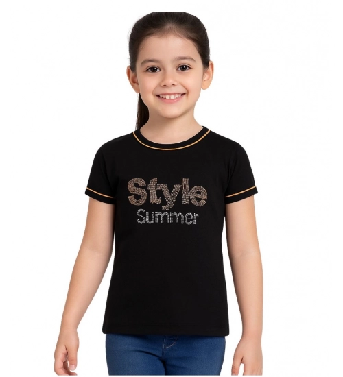 Girl's Cotton Printeded Round Neck T-Shirt (Black)