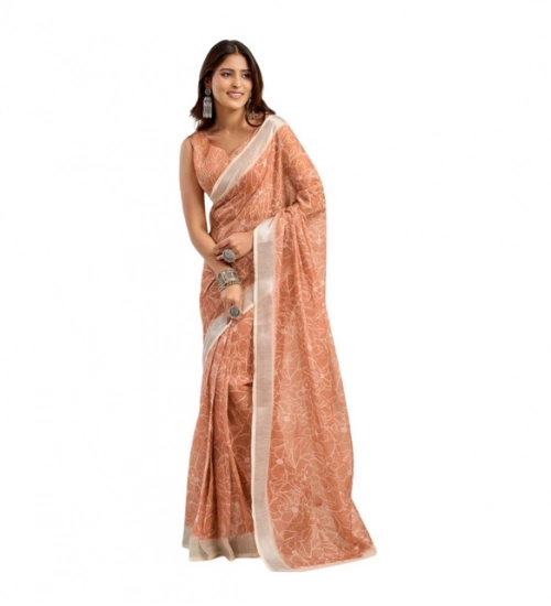 Women's Linen Cotton Printed Ready To Wear Saree With Unstitched Blouse 5.5 Mtr (Peach)