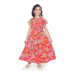 Girl's Shiffon Printed Short Sleeve Round Neck Dress (Multicolor)