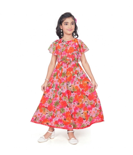 Girl's Shiffon Printed Short Sleeve Round Neck Dress (Multicolor)