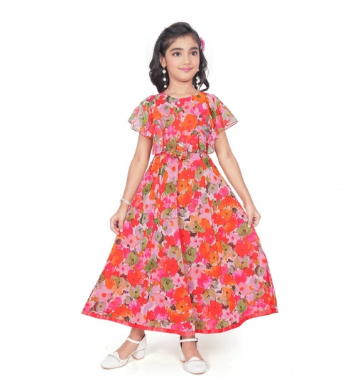 Girl's Shiffon Printed Short Sleeve Round Neck Dress (Multicolor)
