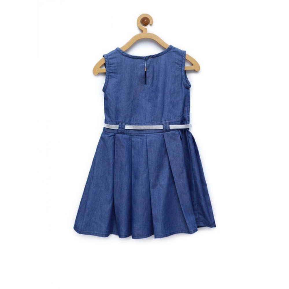Girl's Denim Embellished Sleeveless Dress with Belt (Blue) Girl's Denim Embellished Sleeveless Dress with Belt (Blue)